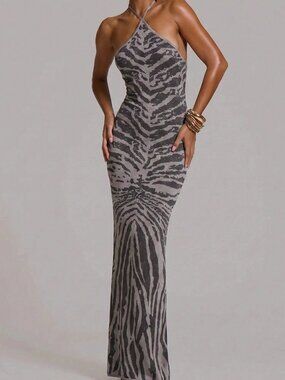 Grey Party Women's Fitted Knit Halterneck Maxi Dress